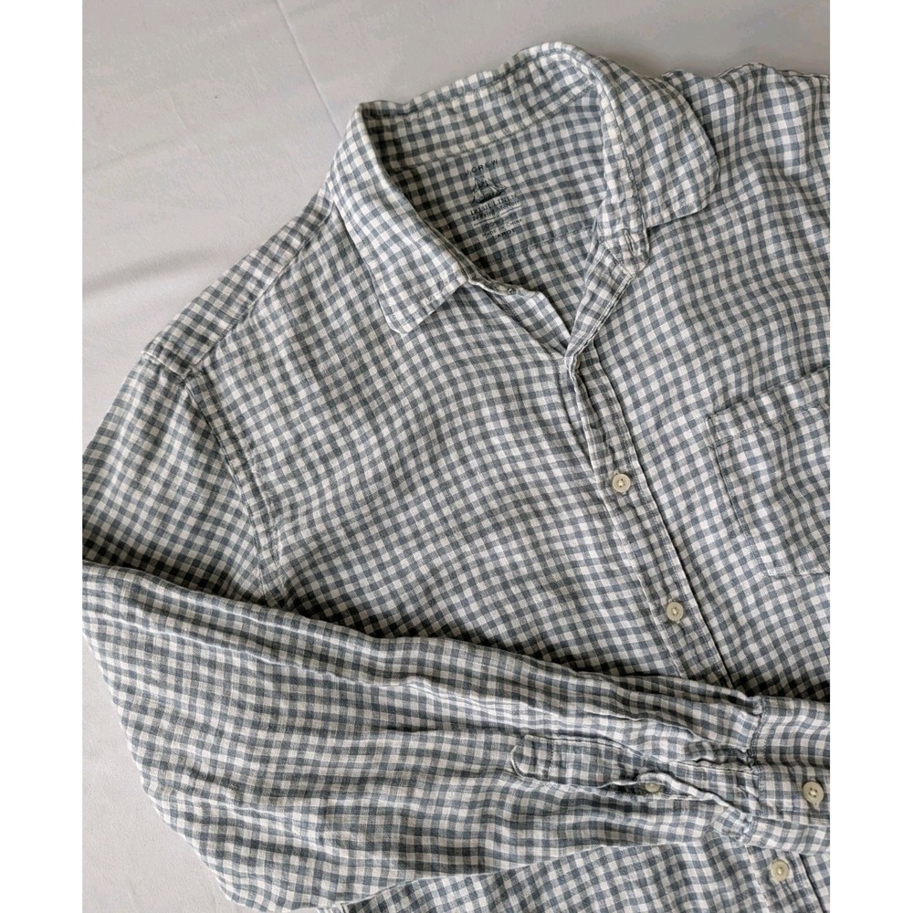 J.Crew Baird McNutt Irish Linen Shirt Men L Blue White Gingham Check Button Down